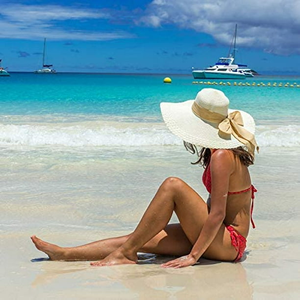 Sombrero de paja con lazo grande de 5,5 pulgadas para mujer, gorra de playa  enrollable plegable grande con disquete, sombrero para el sol UPF 50+  (caqui) Sincero Electrónica