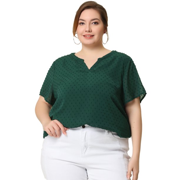 Blusa de talla grande para mujer Puntos suizos Cuello redondo Blusas lindas b sicas Verde Oscuro XL Unique Bargains Blusa