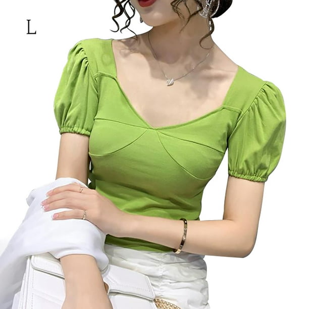 Camisa de mujer Blusa corta cuello en V y manga corta con cuello en V Blusa informal, Verde, seitruly AP001254-08B Walmart en