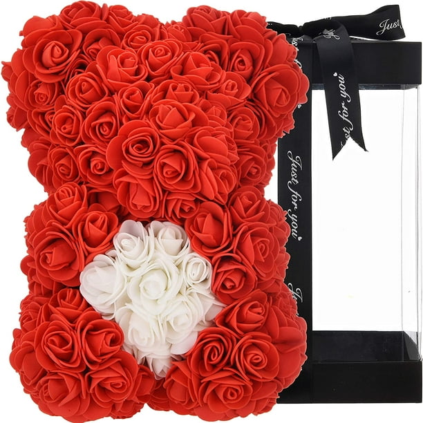 Caja de regalo romántica de rosas para mujer con collar con inicial,  bonitos regalos de flores de Navidad de oso para novia, mamá, esposa,  hermana