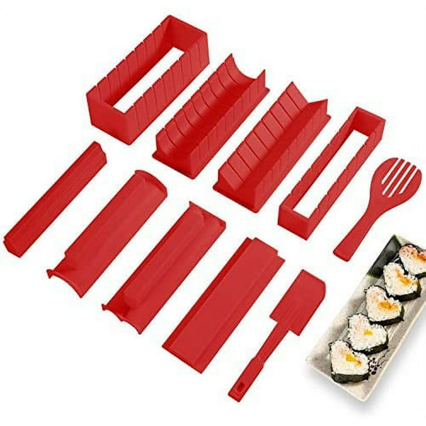 Kit completo de lujo para hacer sushi en casa, incluye 10 piezas de  plástico: 8 moldes de rollos de sushi de diferentes formas, tenedor y  espátula