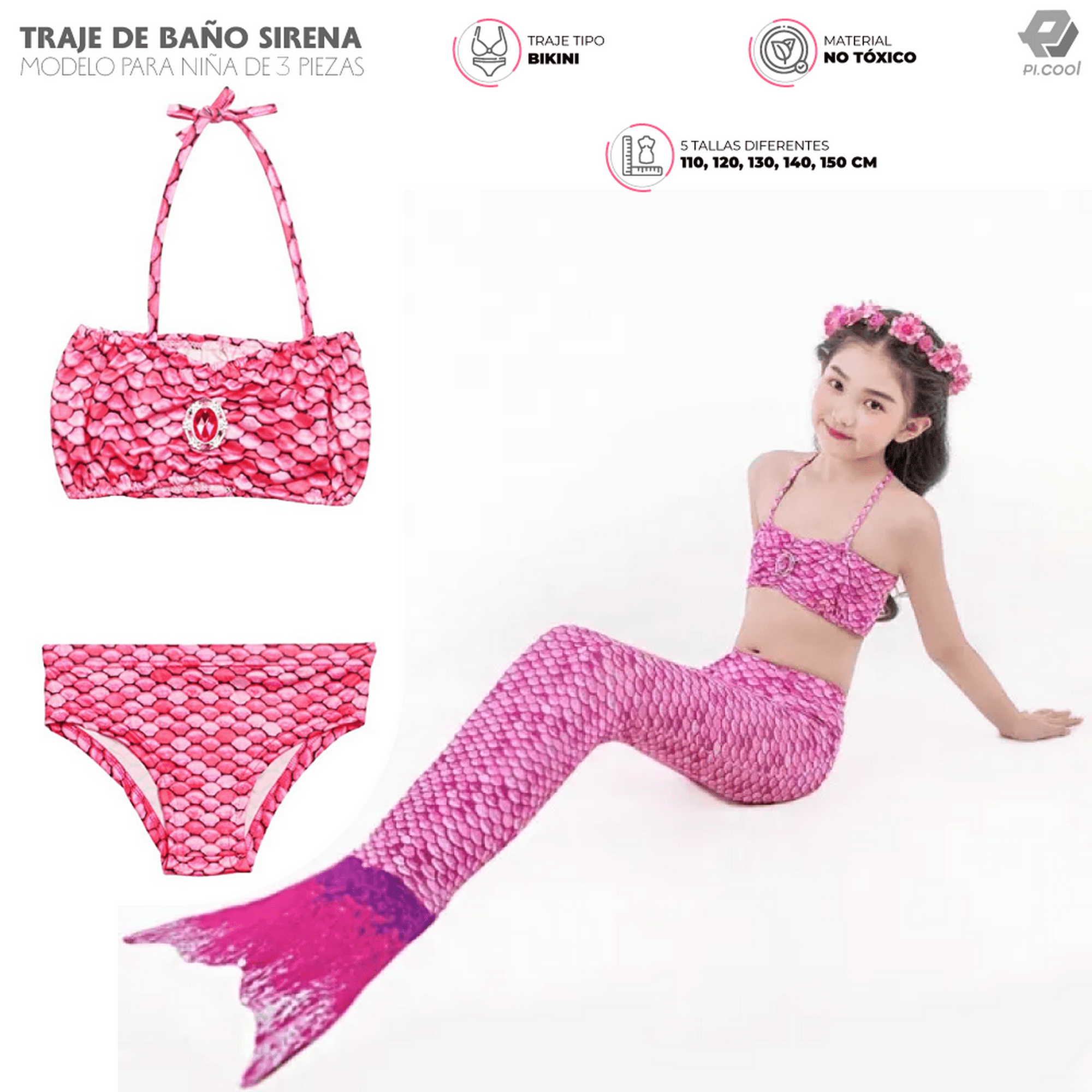 Trajes De Baño Sirena Niñas Para Nadar Pitipa JM1726-PIN-130