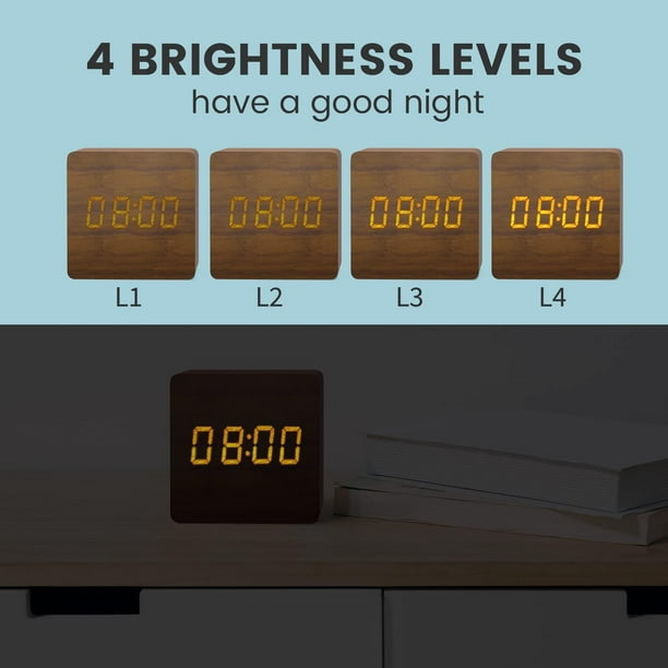Reloj despertador digital de madera marrón oscuro, reloj despertador LED  matutino con fecha, pantalla de temperatura, 3 alarmas, 4 niveles de  brillo, reloj digital con batería o USB brillar Electrónica