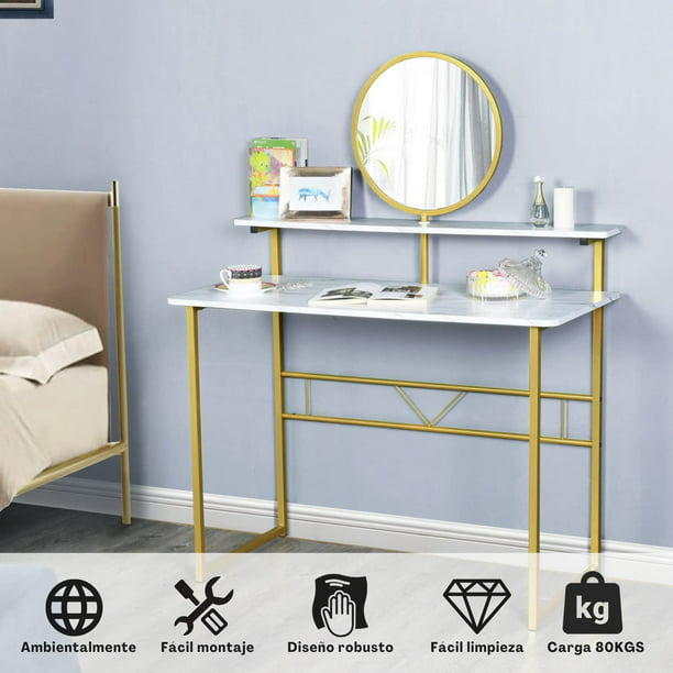 Tocador de 2 niveles para dormitorio, Mármol Blanco/Dorado FurnitureR  Moderno