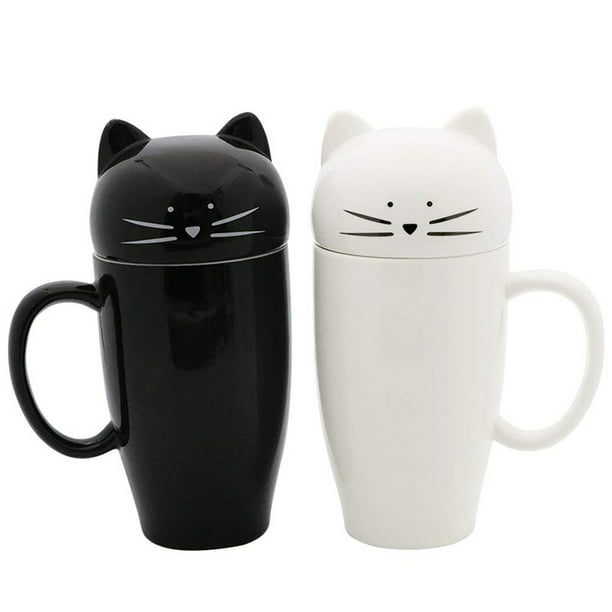Juego de 2 tazas de café para gatos con tapa y bonita cuchara de gatito,  juego de tazas de leche para amantes de los gatos, niñas y mujeres, regalo  de cumpleaños de