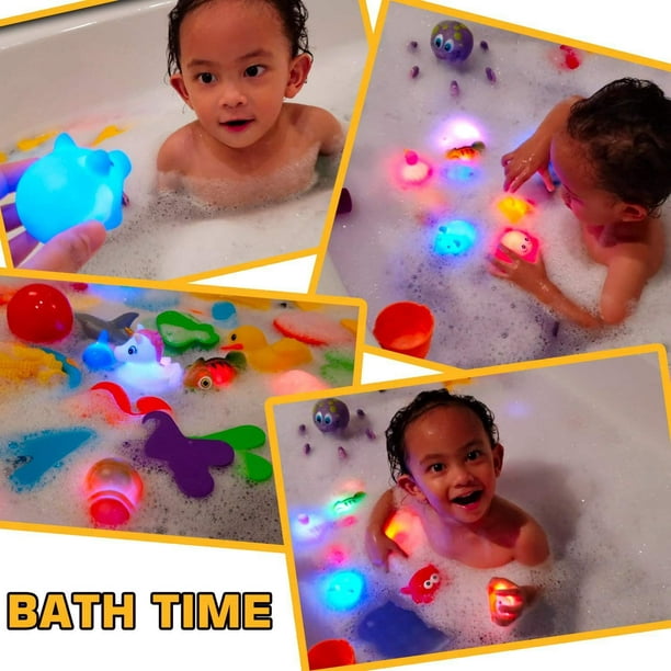 Paquete de 24 juguetes iluminados para el baño del bebé, juguetes flotantes  de goma para niños pequeños, niños y niñas, luz intermitente que cambia de