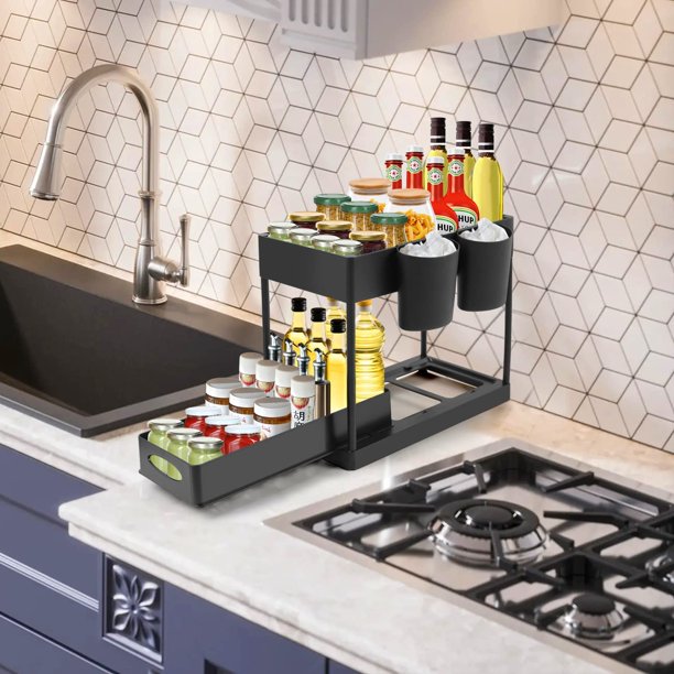 Almacenamiento de cocina, almacenamiento y organización de cocina,  almacenamiento de baño, estante de baño, estante de especias de cocina,  almacenamiento extraíble de 2 niveles debajo del fregadero (negro) ACTIVE  Biensenido a ACTIVE