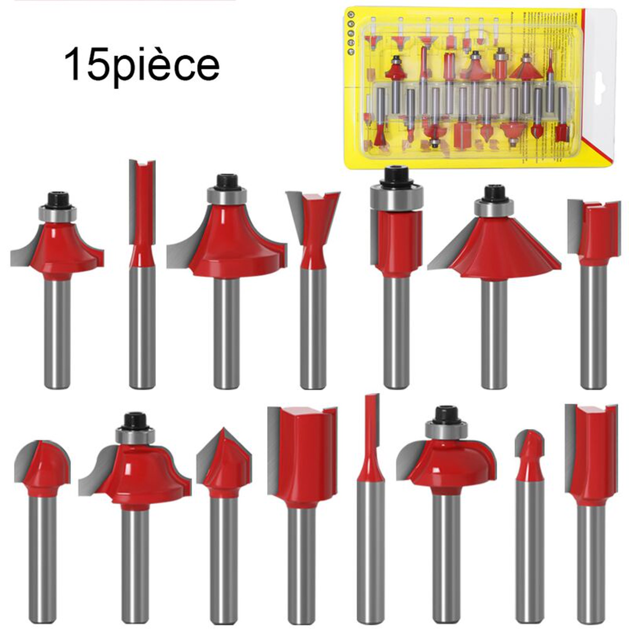 15pcs 6.35mm Tige Fraises à Défoncer Kit Coffret Fraise pour