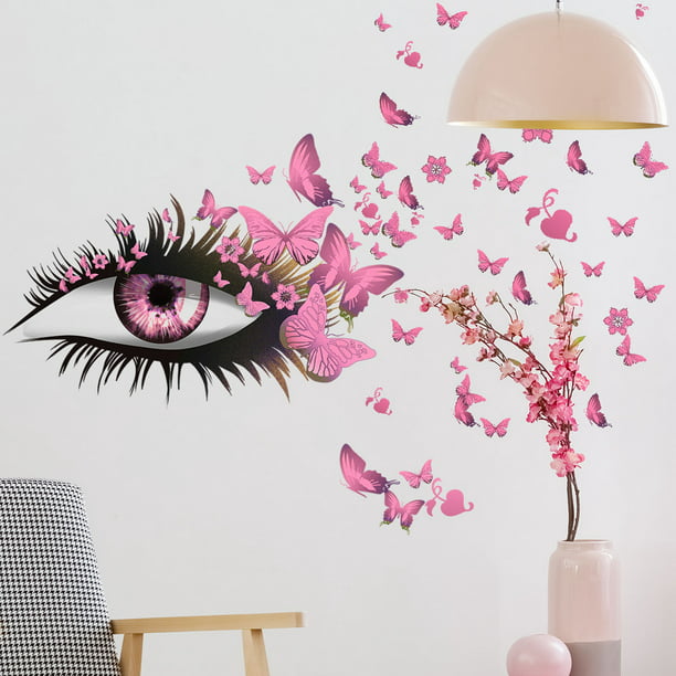 Pegatinas de pared decorativas creativas con mariposas y pestañas de ojos  rosas, pegatinas de pared extraíbles simples para sala de estar y  dormitorio JM