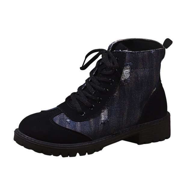 NECHOLOGY Botas Mujer Adulto Femenino Zapatos Botines mujer Botas de fondo con cordones y retazos de mezclilla retro a la moda para mujer Dark Blue