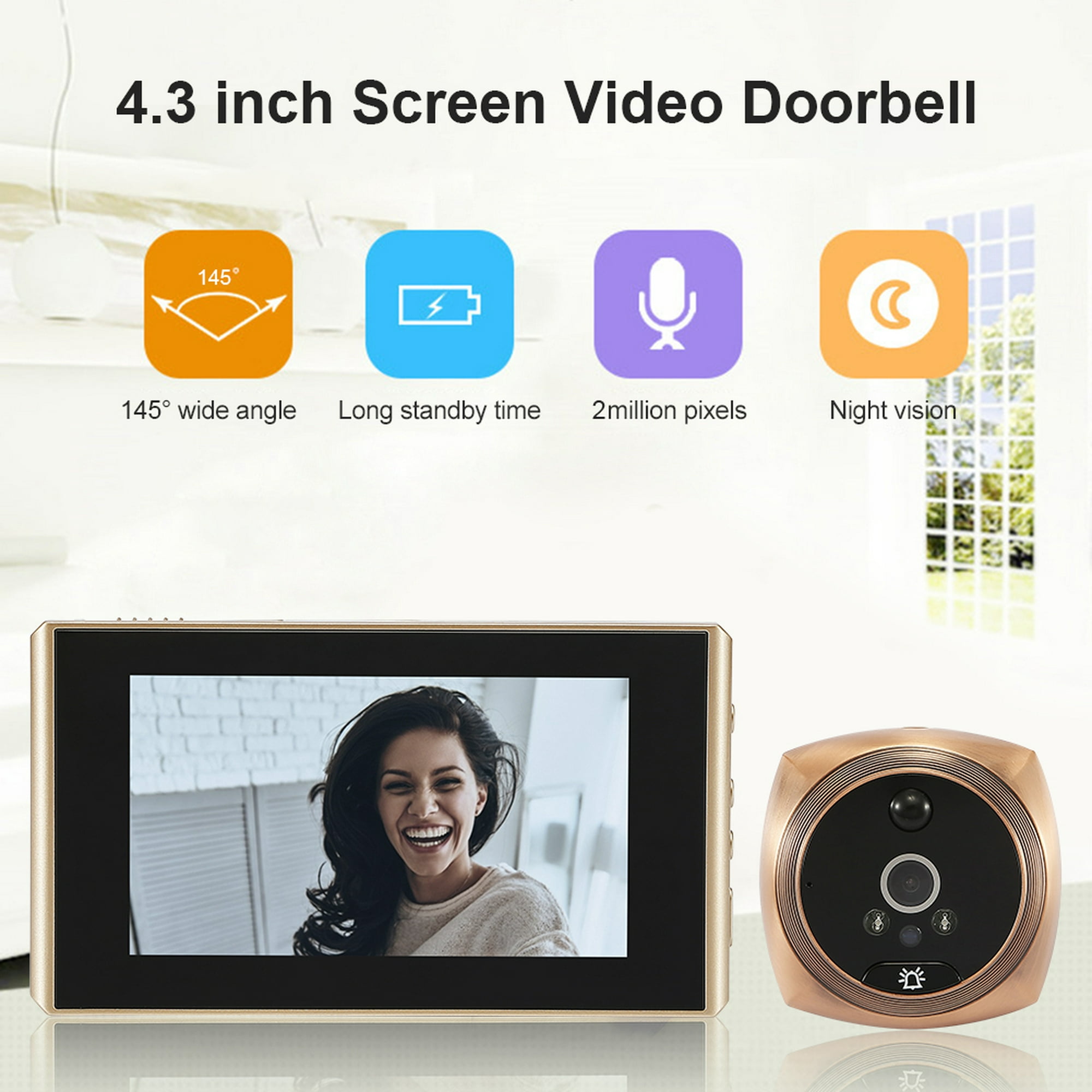 Timbre de puerta de video para el hogar de 2.4 pulgadas, visor de puerta  gran angular de 145°, timbre visual 720P, visor de mirilla digital con