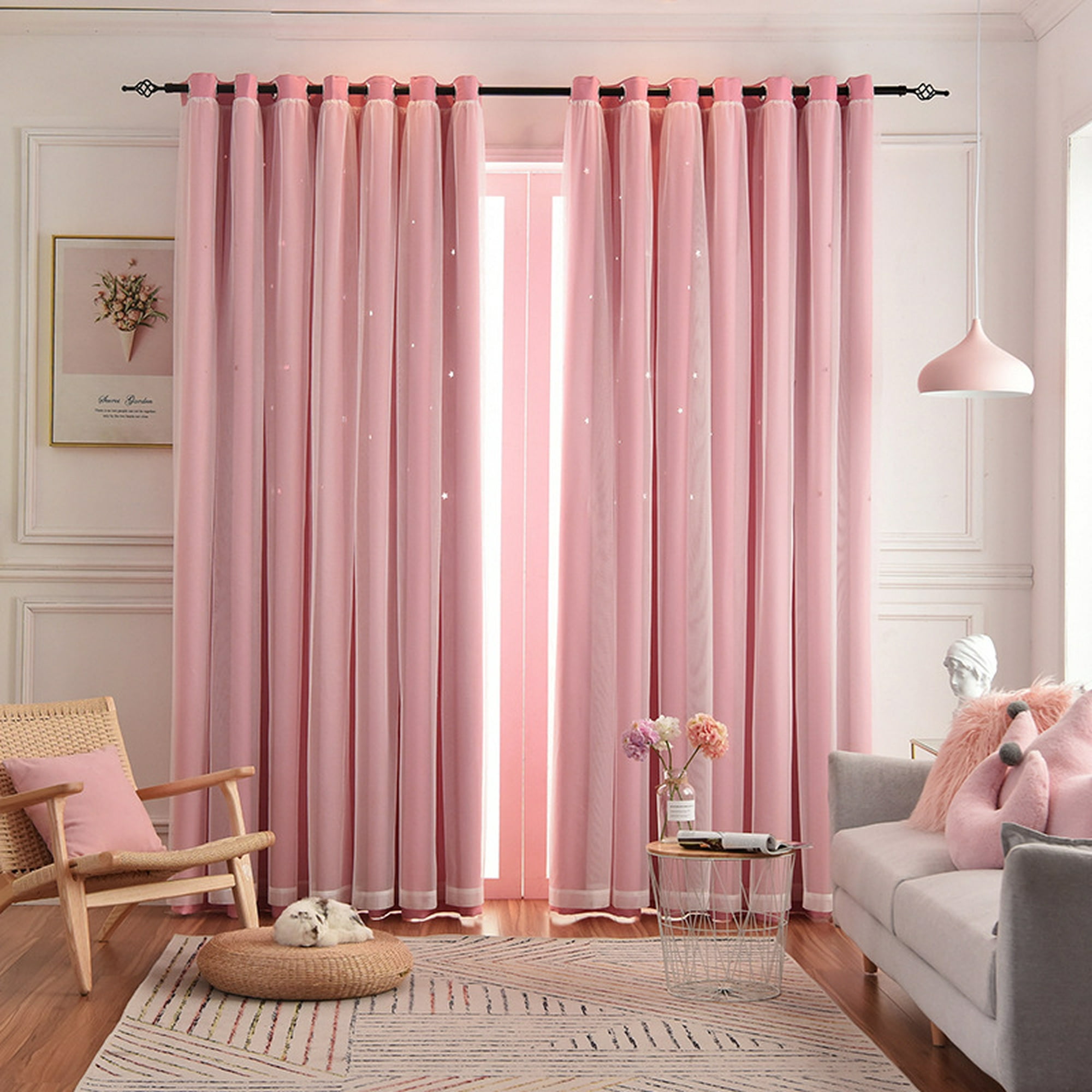 Cortina larga para habitación de niña CORAZONES color rosa