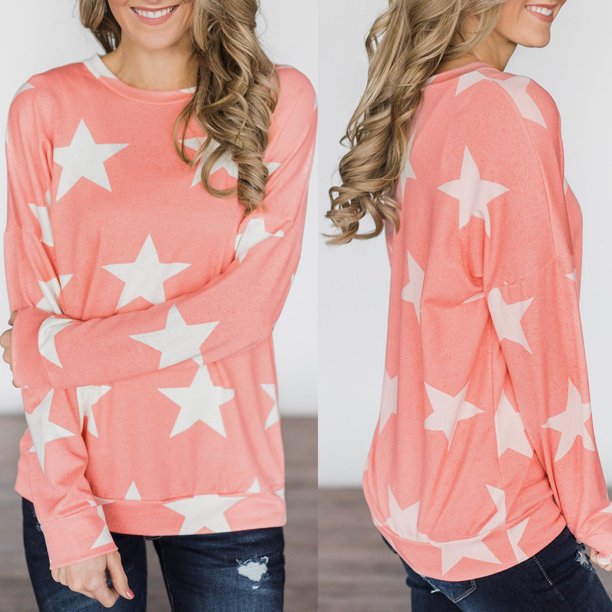 Elegante mujer estrellas estampado cuello manga larga casual suave