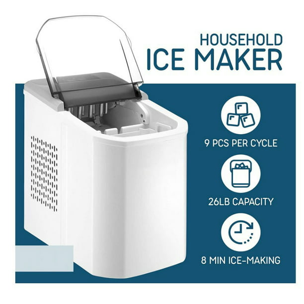 Máquina para hacer hielo para encimera, 9 cubos de hielo en forma de bala  listos en 6 minutos, 26 libras en 24 horas, máquina de hielo portátil