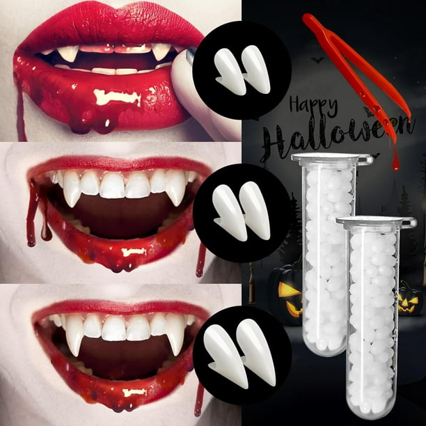 Colmillos de vampiro con adhesivo para jóvenes y adultos, complemento para  carnaval, halloween y celebraciones. Tamaño: 6 x 4 x