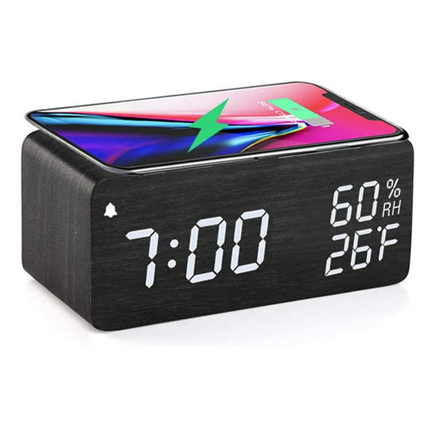 JALL Reloj despertador digital de madera con carga inalámbrica, regulable,  volumen ajustable, 3 alarmas, modo día de la semana/fin de semana