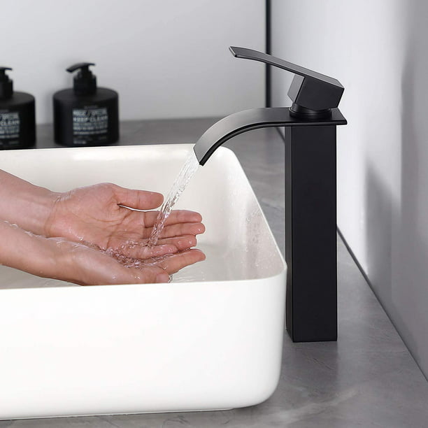 VAPSINT Grifo de lavabo alto negro mate, moderno de una sola manija,  mezclador de tocador de un solo agujero, grifo de lavabo de baño con  mangueras de