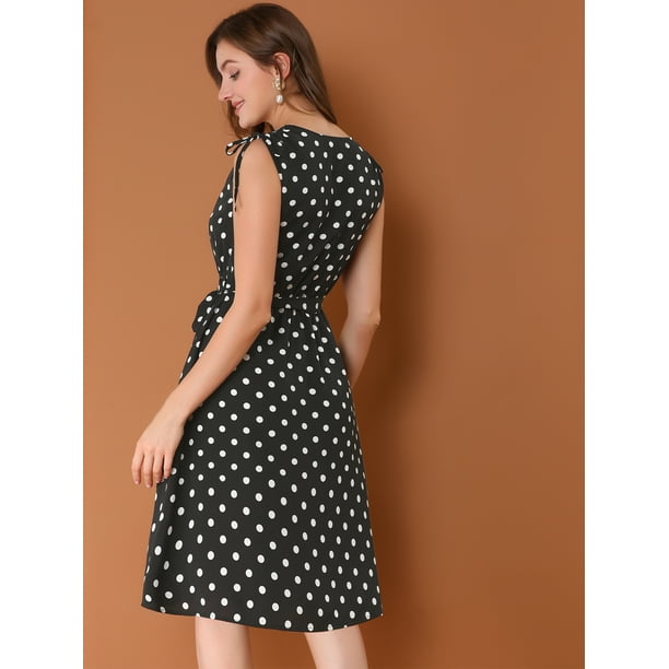 Vestido sin mangas de cintura con lazo de lunares vintage con cuello en V  para mujer Negro XS Unique Bargains Vestido