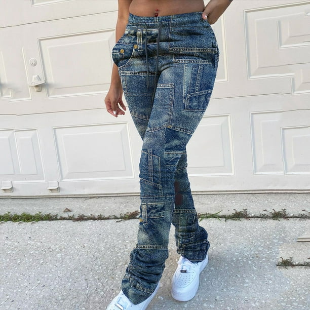 Gibobby Jeans dama cintura alta Pantalones estampados Pantalones de Jeans  Casual Mujer Pantalones largos con correa de bolsillo(Azul,G)