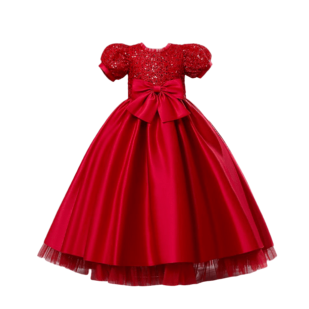 Vestido elegante de princesa para niña Vestido largo de niña Vestido de fiesta de boda Vestido de niña de flores con lazo Vestido de noche rojo rosa 3-124T (Etiqueta 110)