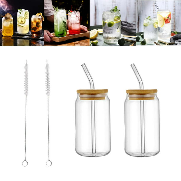Juego de 4 piezas: vasos de vidrio con tapas de bambú y popote de vidrio,  vasos de vidrio con tapas …Ver más Juego de 4 piezas: vasos de vidrio con