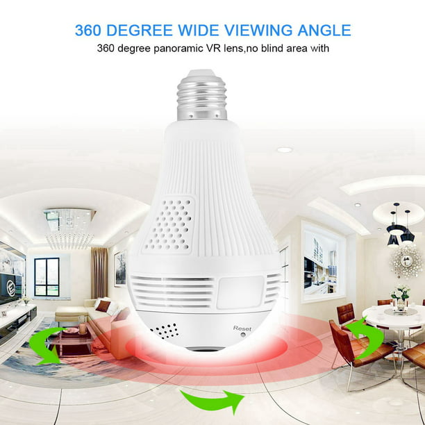 Bombilla panorámica inalámbrica 360 para cámara de seguridad, lámpara de  cámara IP de vigilancia WiFi, pantalla 3D VR, detección de movimiento