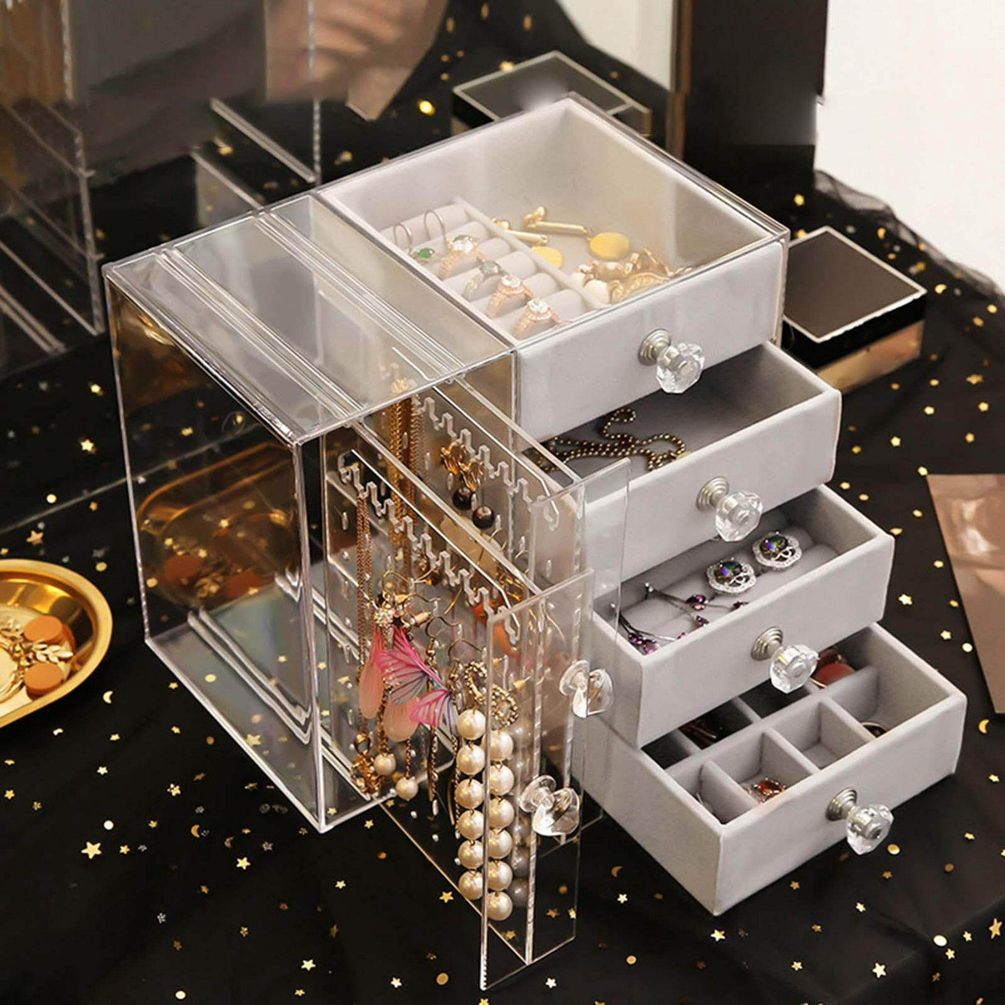  Joyero de cristal para joyas, soporte organizador de pendientes  con 3 cajones verticales, collar, anillo, caja de almacenamiento, estante :  Ropa, Zapatos y Joyería