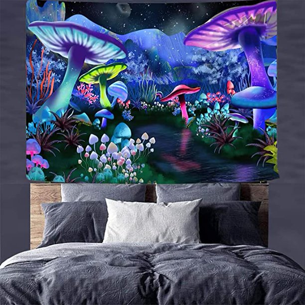  Tapiz decorativo de pared de hongos trippy para dormitorio,  bonito tapiz de sol y luna en blanco y negro, pequeño póster de plantas  verdes vintage, divertido póster para colgar en la