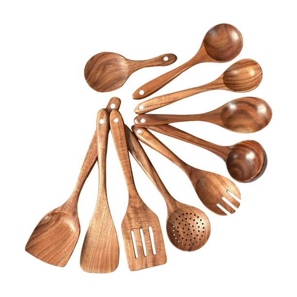 Cucharas de madera para cocinar, juego de 10 utensilios de madera para  utensilios de cocina antiadherentes, utensilios de teca natural para  cocinar