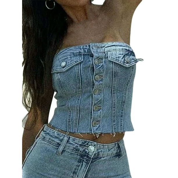 Mujeres Denim Chaleco Fuera del hombro sin tirantes Corsé Tubo Top