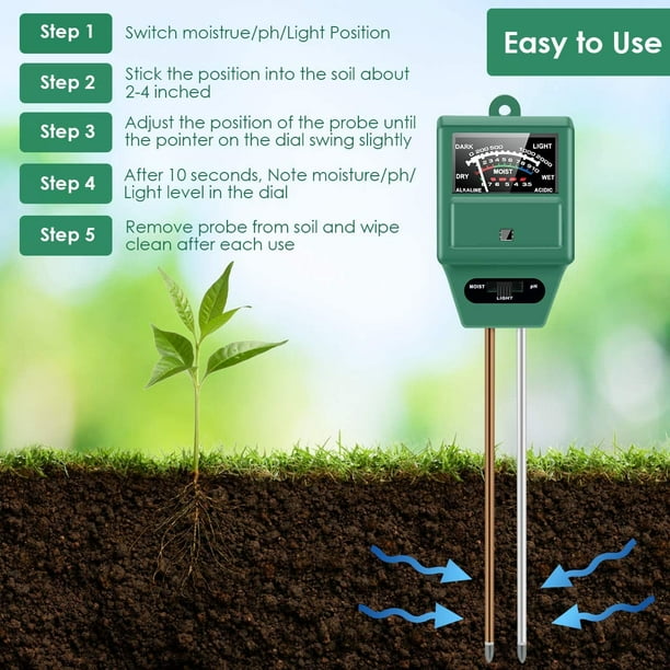 Medidor de pH del suelo, kits de probador de suelo 3 en 1 con prueba de  humedad, luz y pH para jardín, granja, césped, interior y exterior (no