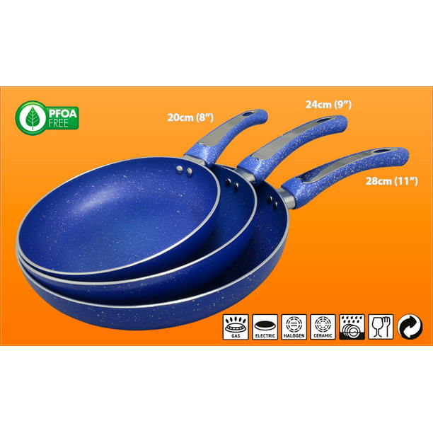 OrGREENiC Sartenes de cerámica para cocinar, juego de utensilios de cocina  de 3 piezas, diseño martillado azul, sartenes antiadherentes ligeras y