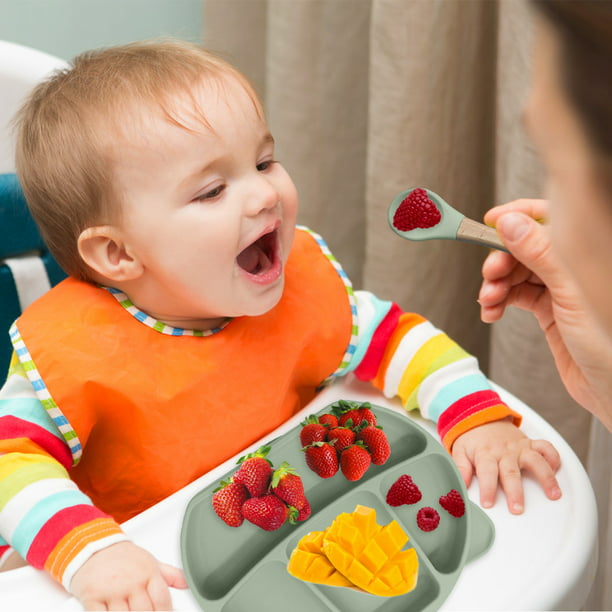 Muyoka Juego de vajilla de silicona para bebés y niños pequeños, tazón y  plato dividido y babero ajustable y cuchara suave y tenedor, para bebés y