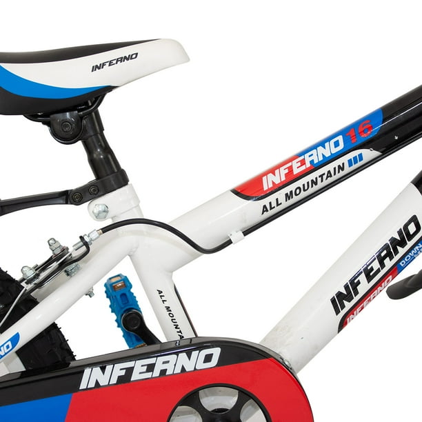 Bicicleta para niño de 5 a 10 años, Rodada 16, Negro-Blanco-Rojo-Azul, con  rueditas de entrenamiento. Unibike Inferno Urbana