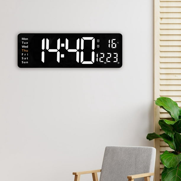 Reloj de pared digital grande, pantalla de fecha, temperatura, semana,  ajuste de brillo, relojes LED electrónicos para sala de estar, restaurante,  Blanco Soledad Reloj de pared digital