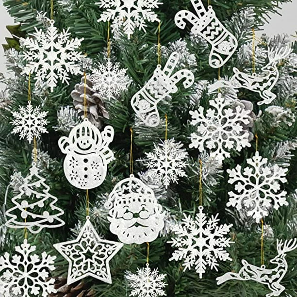 Decoración del árbol de Navidad Adornos de copos de nieve - 20 piezas  Brillo blanco Copo de nieve de Navidad Calcetín de árbol Muñeco de nieve  Reno Papá Noel Adornos colgantes para