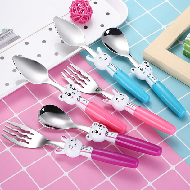  4 utensilios para niños pequeños, tenedores y cucharas para  niños, utensilios de acero inoxidable para bebés, juego de cubiertos para  bebé con caja de almacenamiento para una cena segura : Bebés