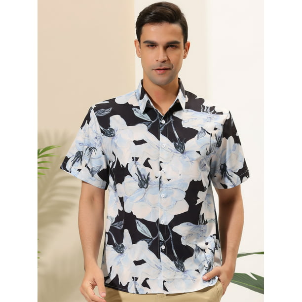 Lars Amadeus Camisas florales de verano para hombre Camisa de manga corta  con botones y flores hawaianas Blanco azul marino S Lars Amadeus Camisas