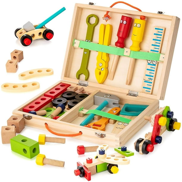 Herramientas eléctricas en caja de herramientas pequeña en madera