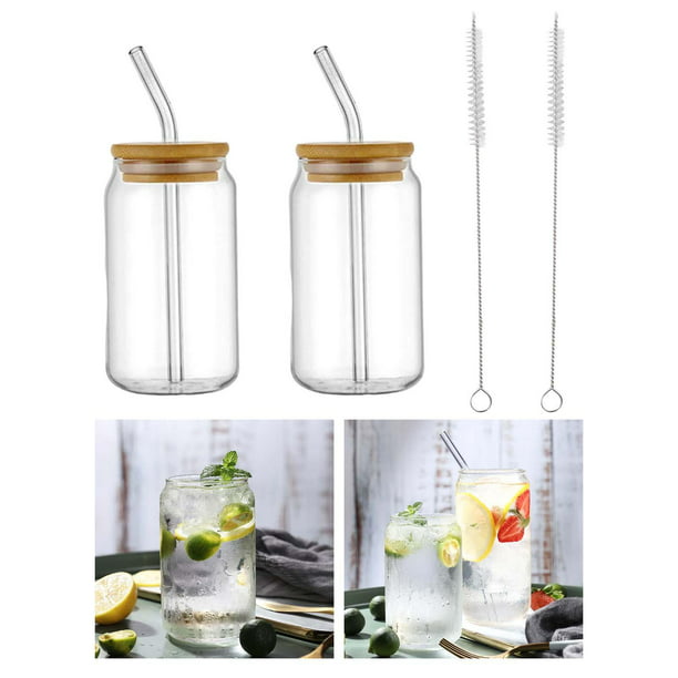  Juego de 2 vasos de vidrio con tapa y popote reutilizable, tapa  de vaso de soda y popote de vidrio : Hogar y Cocina