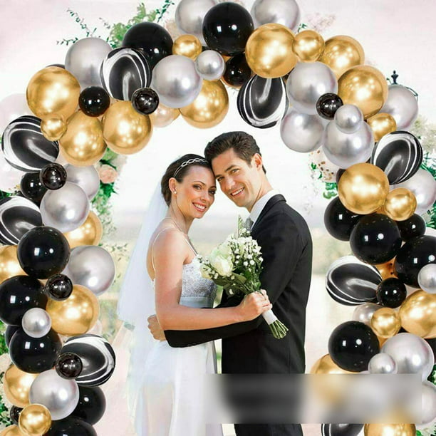  Globos de confeti negros y dorados, paquete de 50 globos de  látex blanco de 12 pulgadas con cinta dorada para decoraciones de  graduación, boda, cumpleaños, baby shower : Hogar y Cocina