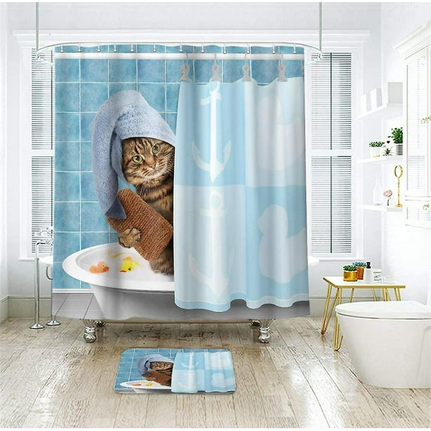  Divertida cortina de ducha de tela de gato para baño