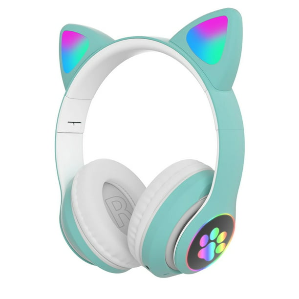 Auriculares Cat Ear Auriculares inalámbricos LED Light Up Auriculares  Bluetooth (Verde) oso de fresa lindo mini