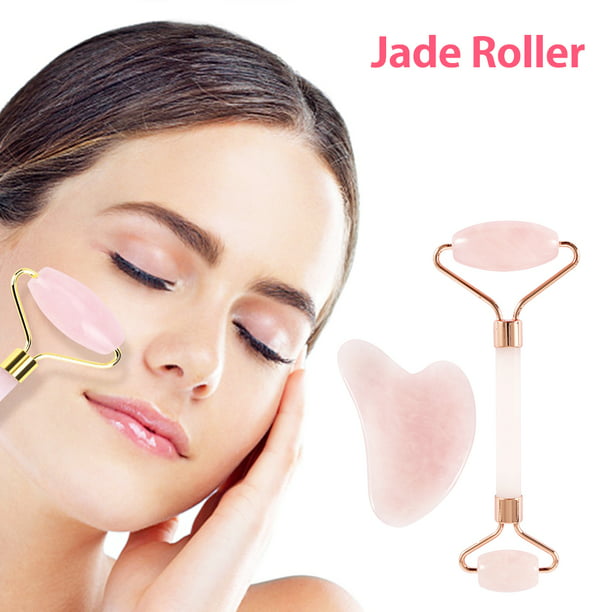 Juego de rodillo de jade y Gua Sha, rodillo masajeador facial, herramienta  de masaje para el cuidado de la piel de belleza facial (rosa)