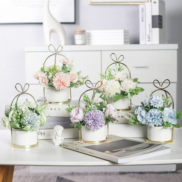 Flores de hortensias falsas en jarrón de cerámica, arreglos florales de  hortensias artificiales para decoración del hogar, flores artificiales con