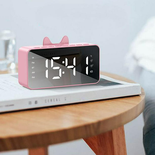 Radio Despertador con Bluetooth, relojes digitales con pantalla de espejo,  temperatura, , brillo , puerto USB - Rosa Sunnimix Reloj de alarma digital