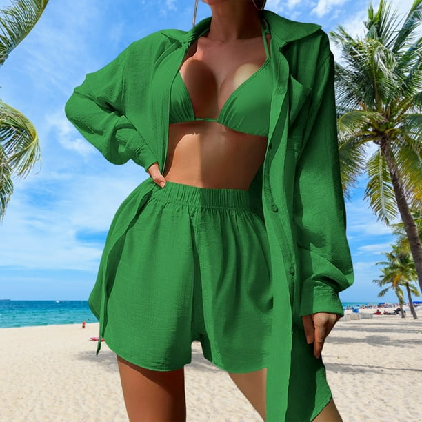 Blusa Trajes de playa de 2 piezas traje de baño de manga larga cubrir  trajes de verano para mujeres Cgtredaw Verde T S para Mujer