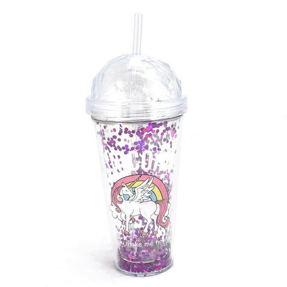 vaso para agua de 380 ml con popote popote con glitter y diseño de unicornio morado valtari vaso para agua con popote y diseño de unicornio