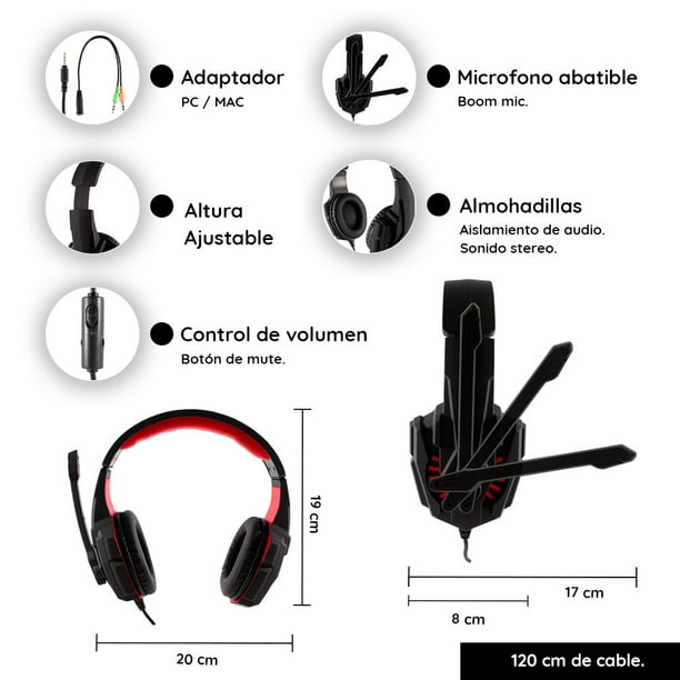 Auriculares integrales para gaming con cable y micrófono abatible