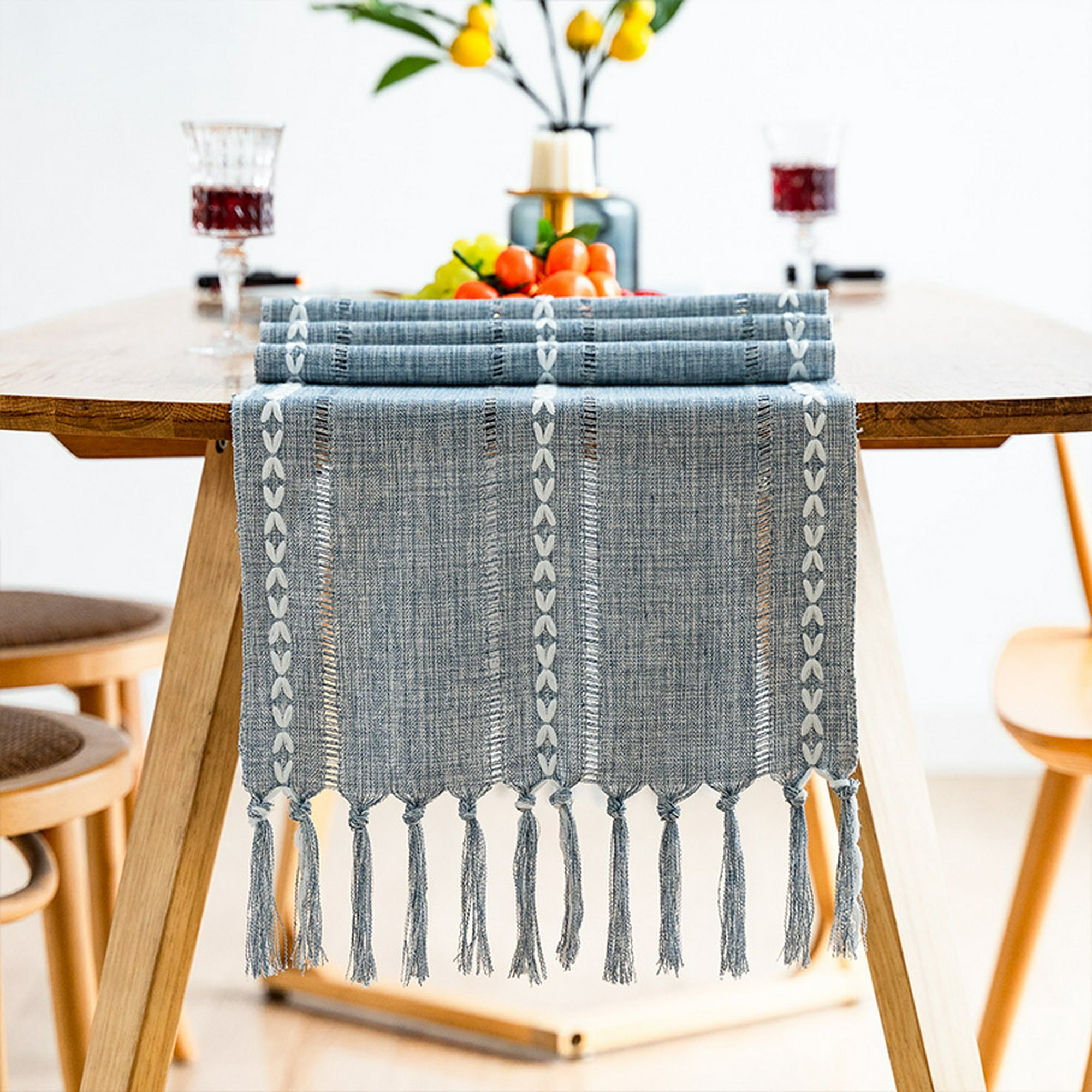 Camino de mesa retro elegante tejido a mano de algodón y lino camino de mesa  de comedor con borlas para boda hogar cruz azul